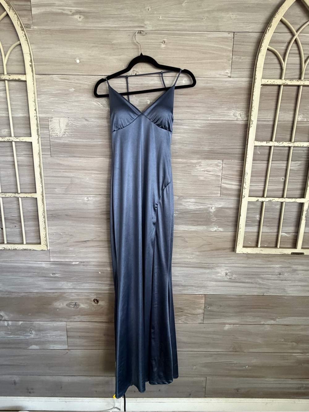 Satin Slip Maxi Dress with high slit in Grey Blue stretch and open back